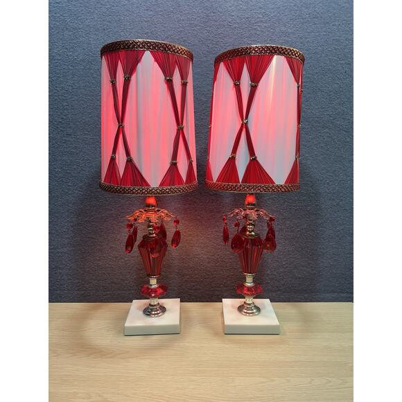 Vintage Red Hollywood Regency Lamp Crystals Gold Marble Punch Pleat Shade Lot 2 - Picture 3 of 15
